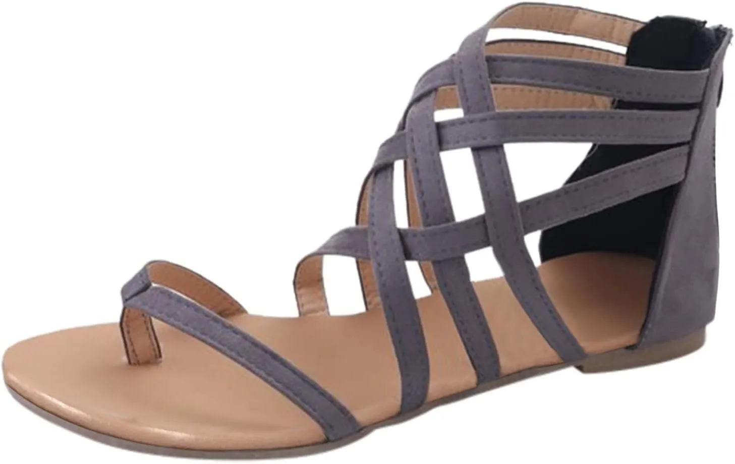 Flat Sandals for Women Zipper Back Ankle Strap Beach Open Toe Breathable Sandals Flip Flops Summer Shoes (Grey, 9)