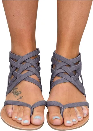 Flat Sandals for Women Zipper Back Ankle Strap Beach Open Toe Breathable Sandals Flip Flops Summer Shoes (Grey, 9)