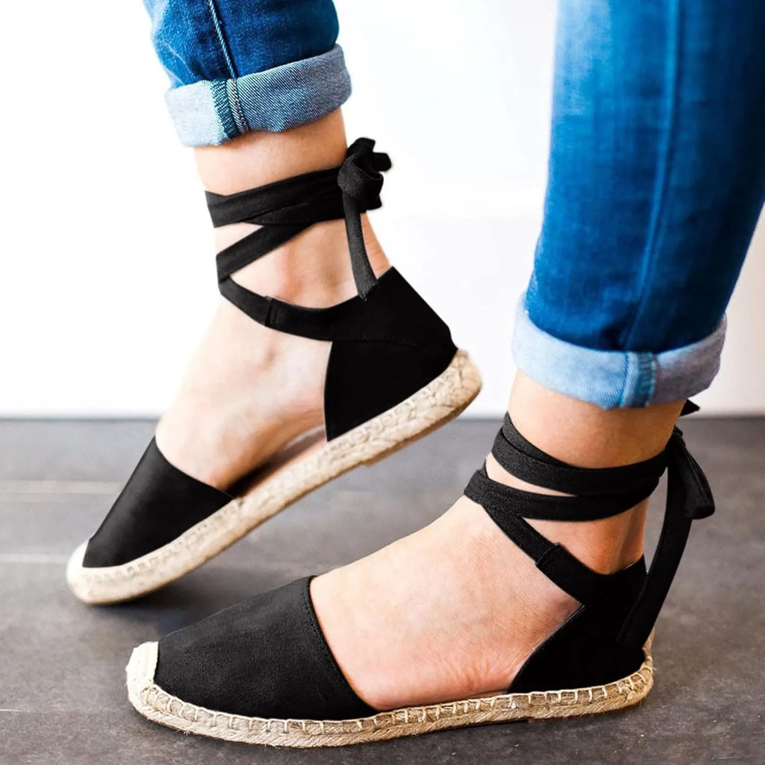 Flat Sandals Linen Falt Covered toe Strap Up Closed toe Solid Straw Espadrille Cover Heel Retro Ladies Flat Sandals