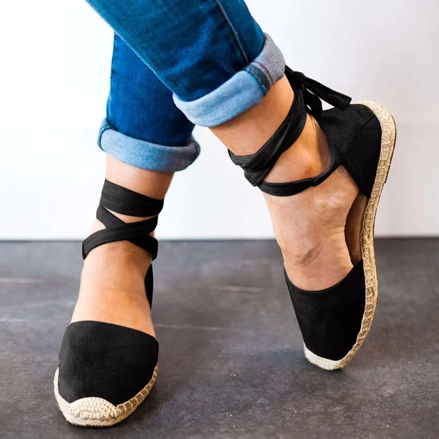 Flat Sandals Linen Falt Covered toe Strap Up Closed toe Solid Straw Espadrille Cover Heel Retro Ladies Flat Sandals