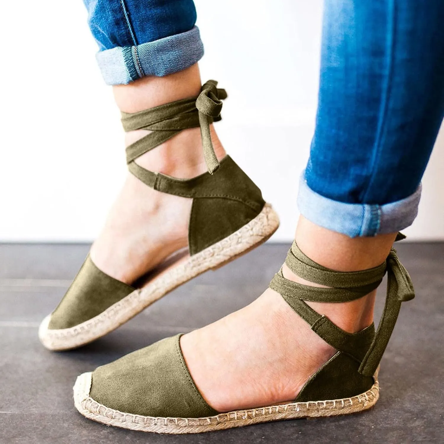 Flat Sandals Linen Falt Covered toe Strap Up Closed toe Solid Straw Espadrille Cover Heel Retro Ladies Flat Sandals
