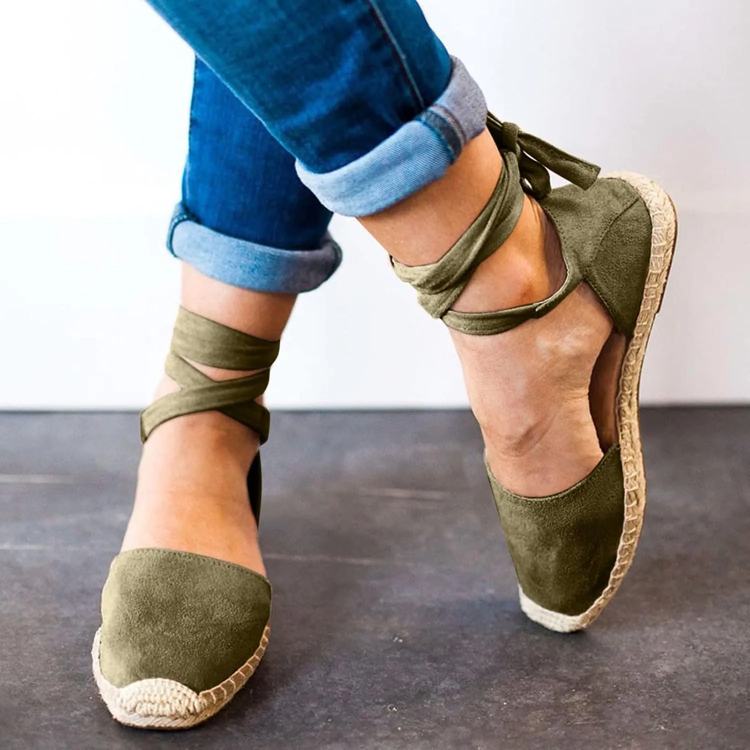 Flat Sandals Linen Falt Covered toe Strap Up Closed toe Solid Straw Espadrille Cover Heel Retro Ladies Flat Sandals
