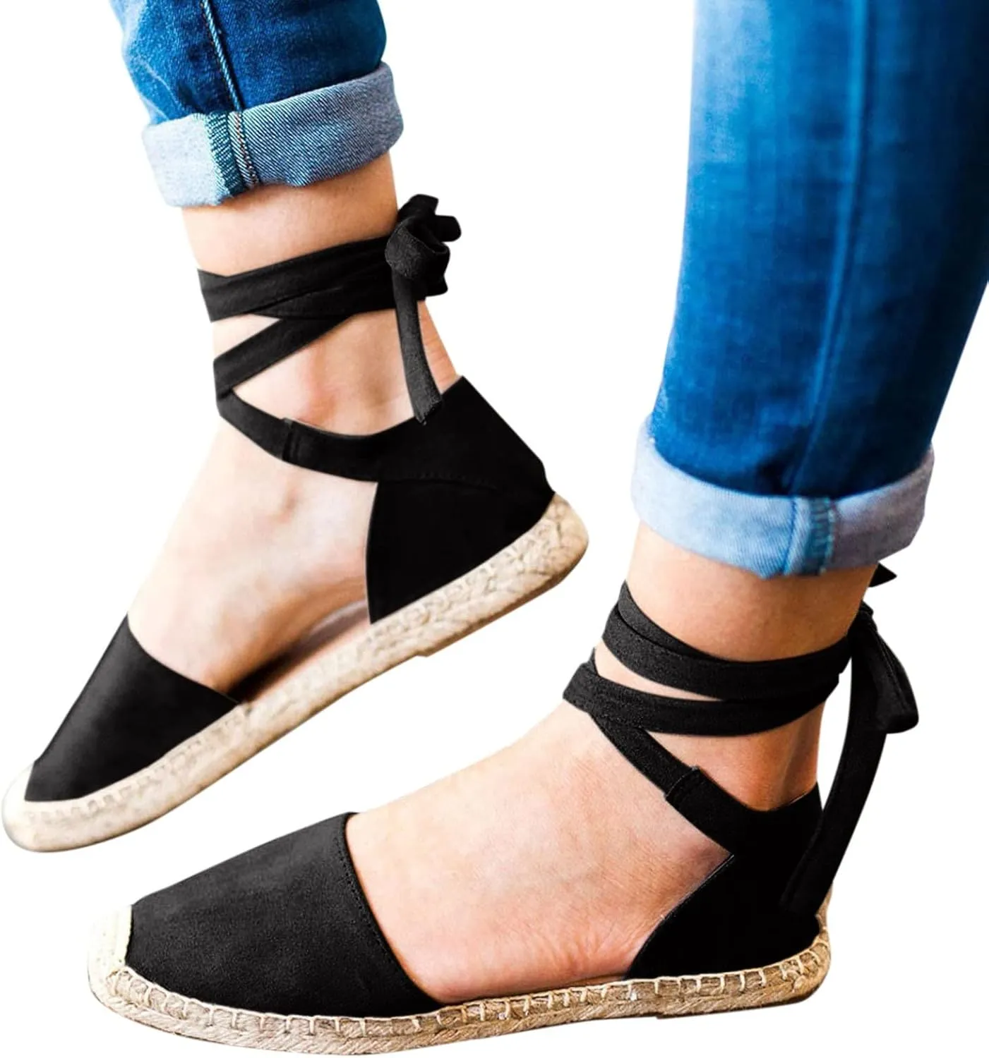 Flat Sandals Linen Falt Covered toe Strap Up Closed toe Solid Straw Espadrille Cover Heel Retro Ladies Flat Sandals