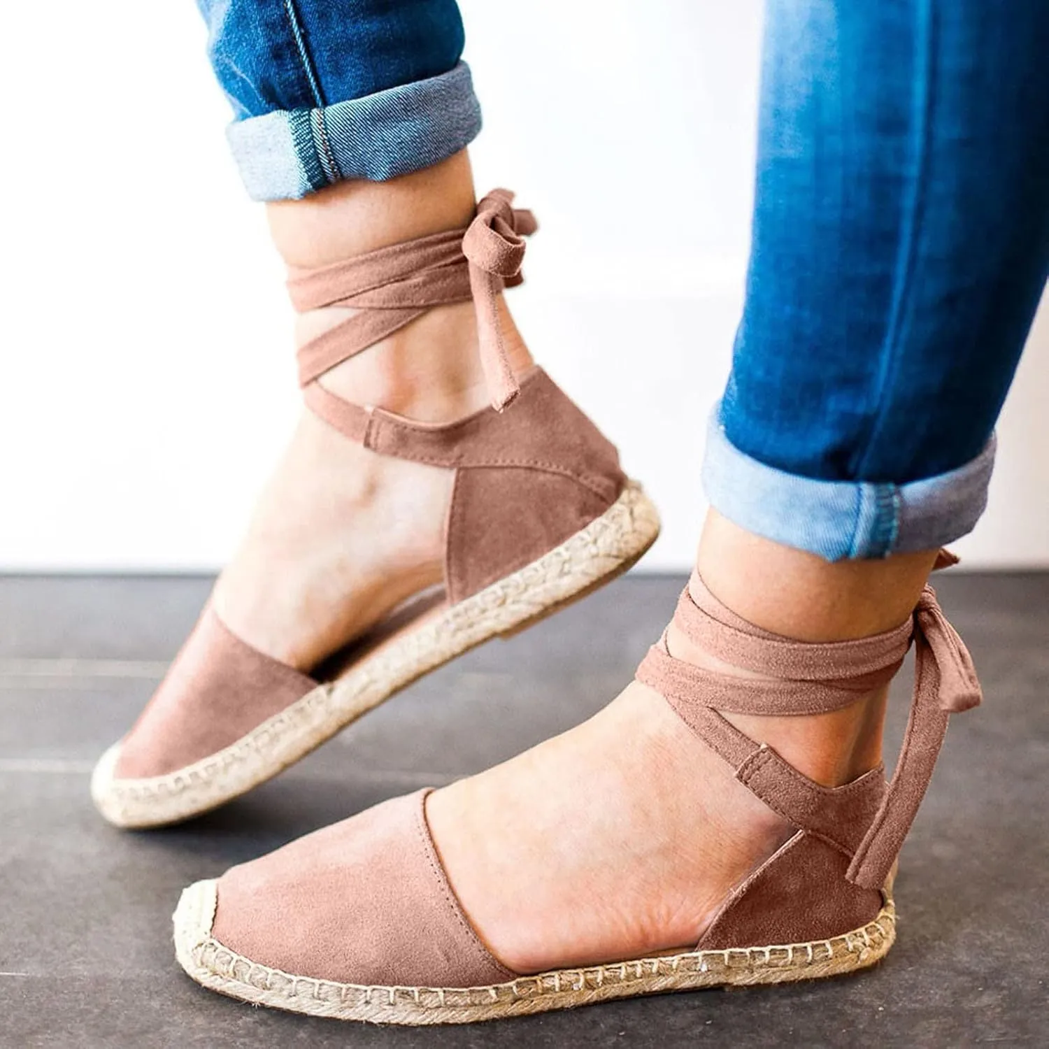 Flat Sandals Linen Falt Covered toe Strap Up Closed toe Solid Straw Espadrille Cover Heel Retro Ladies Flat Sandals