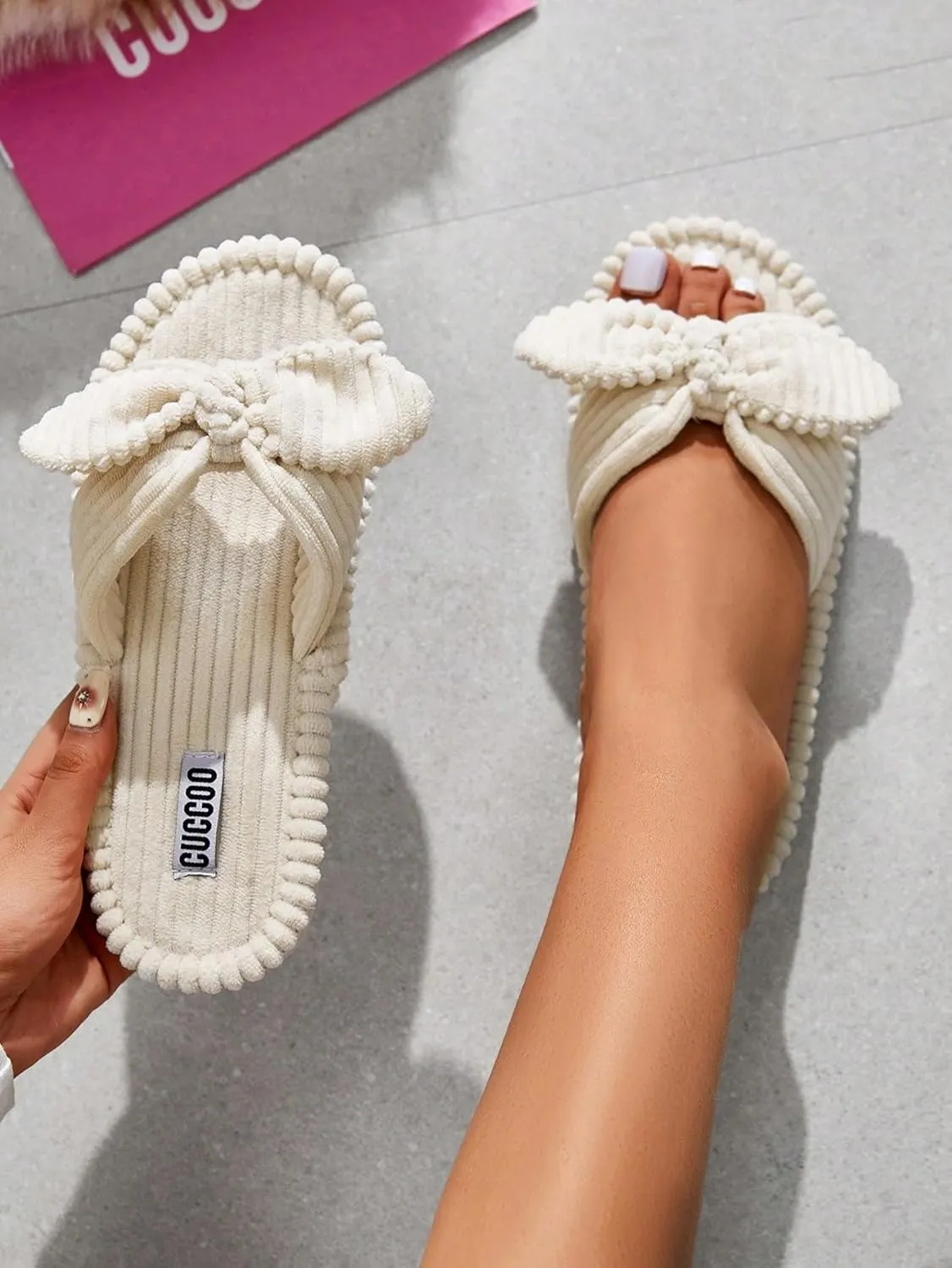 GORGLITTER Women's Bow Knot Corduroy Bedroom Slippers Cross Band Memory Foam House Slides