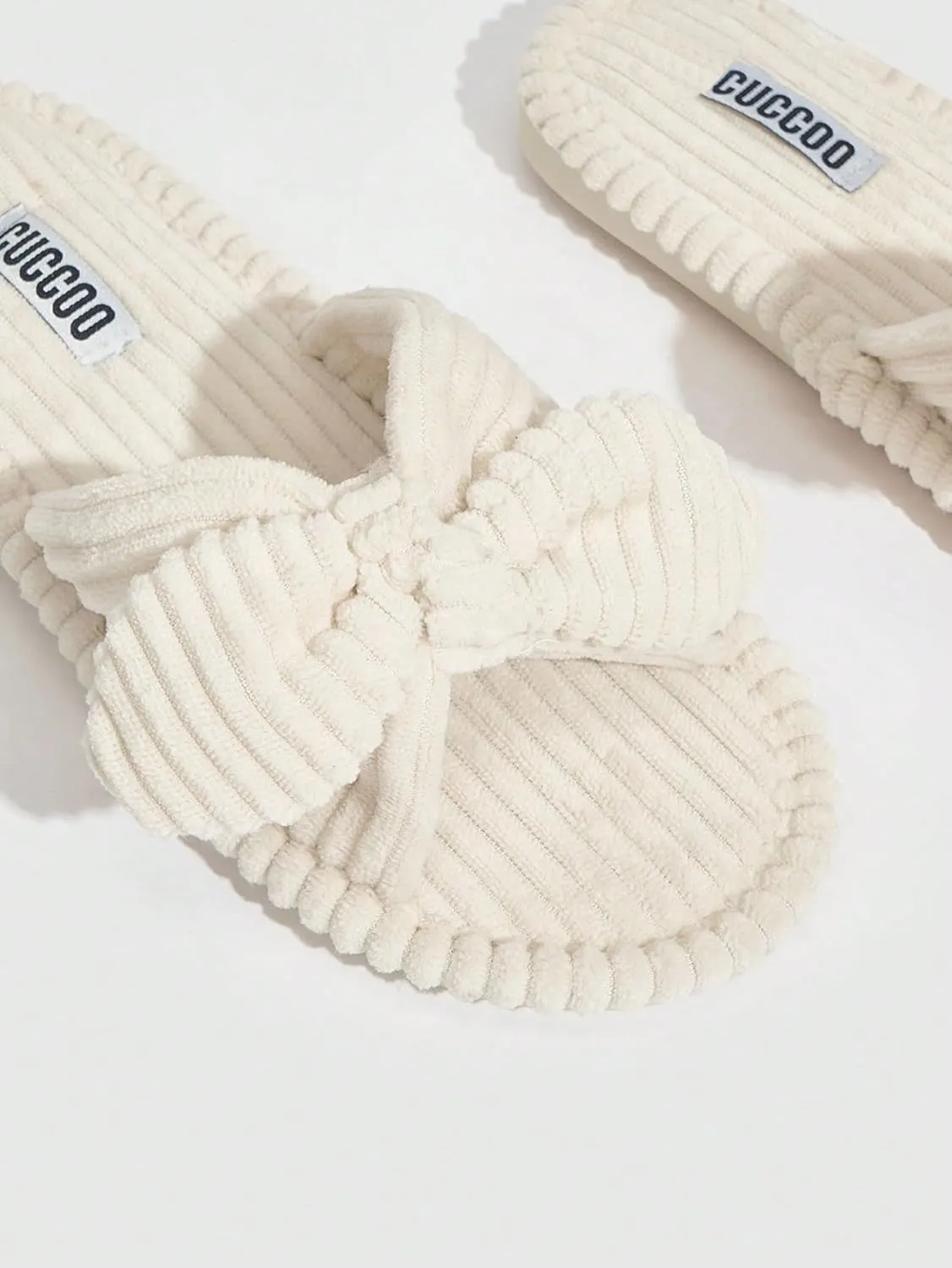 GORGLITTER Women's Bow Knot Corduroy Bedroom Slippers Cross Band Memory Foam House Slides