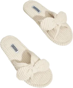 GORGLITTER Women's Bow Knot Corduroy Bedroom Slippers Cross Band Memory Foam House Slides
