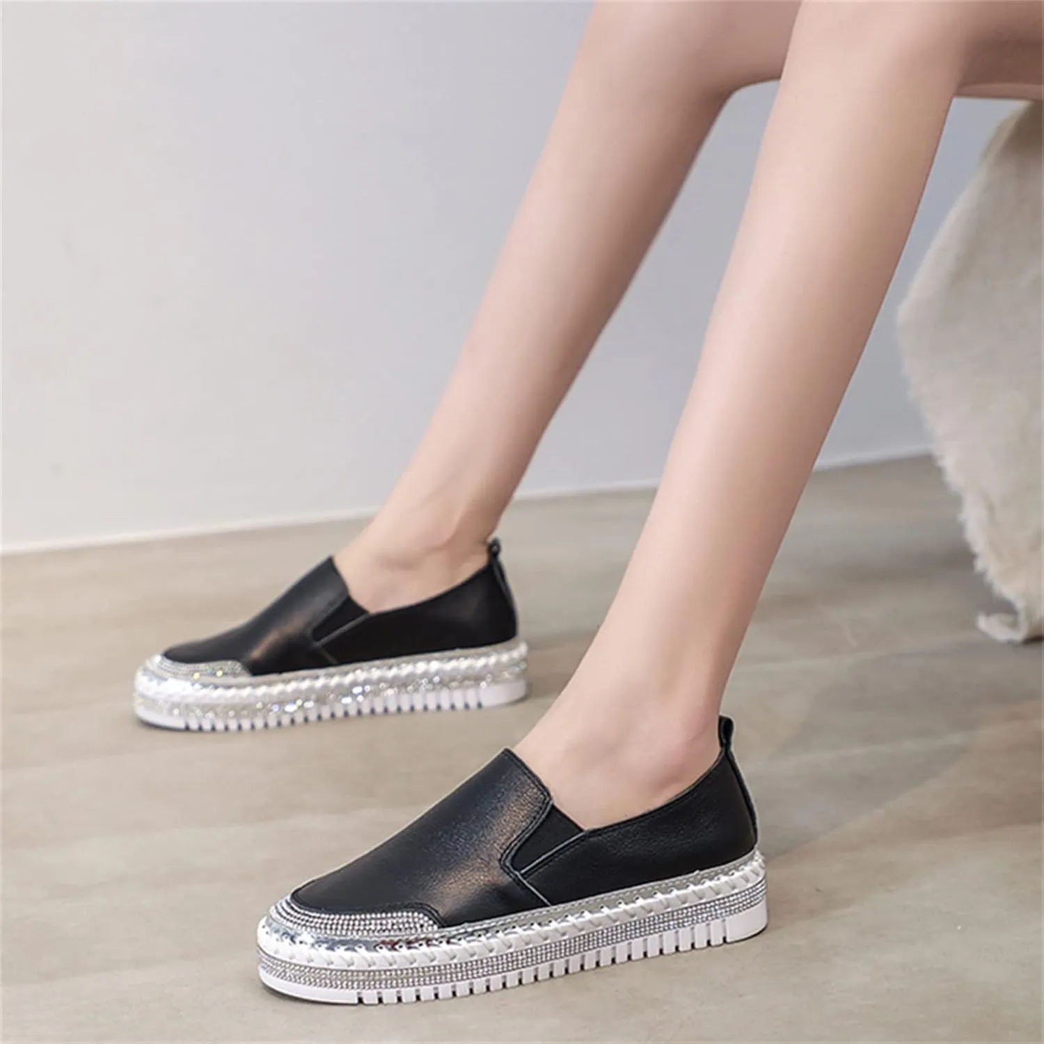 HINDOLA Women's Sparkly Fashion Sneakers Shiny Rhinestone Loafers Slip on Flatform Shoes Low Top Bling Casual Walking Shoes