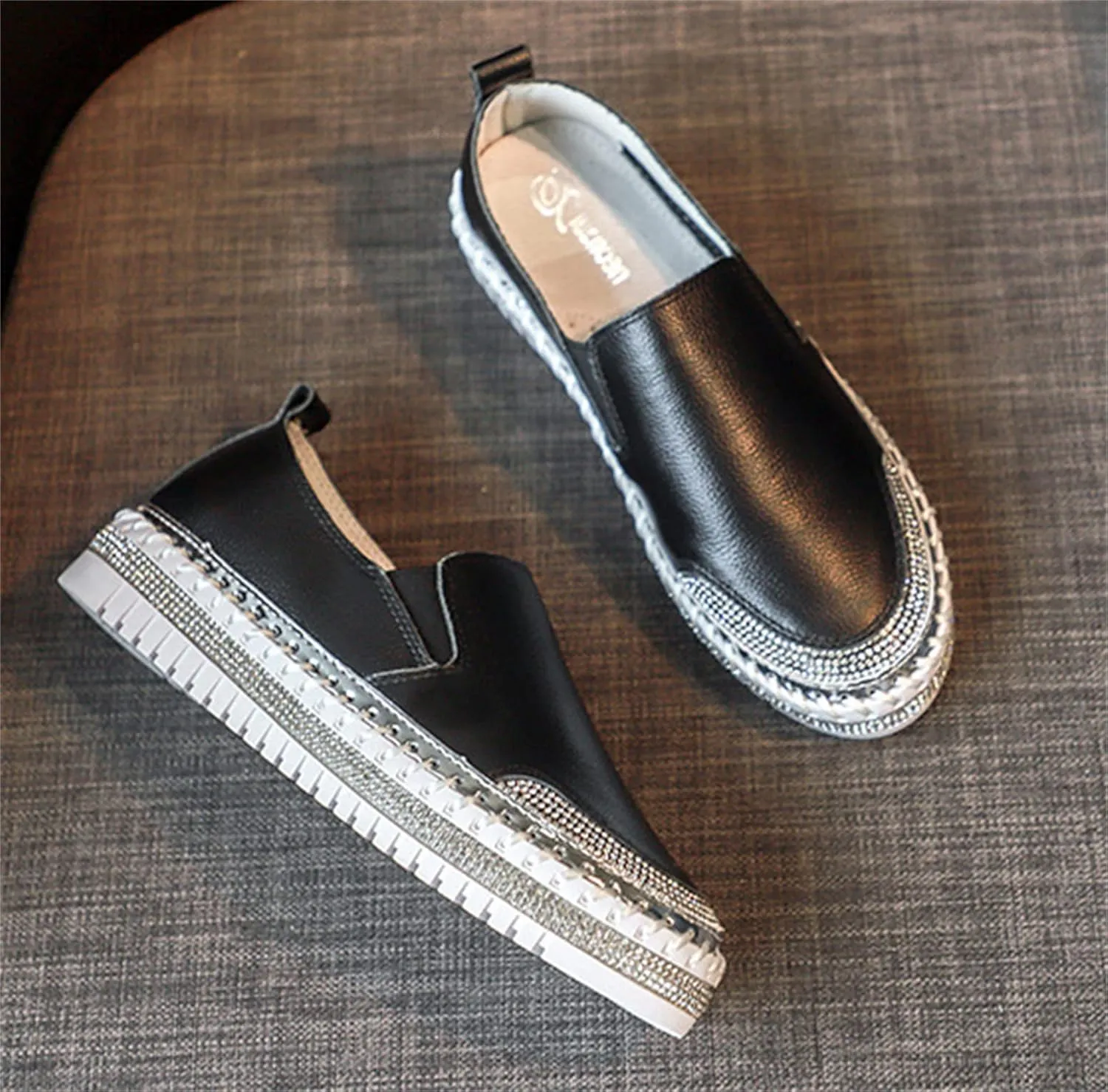 HINDOLA Women's Sparkly Fashion Sneakers Shiny Rhinestone Loafers Slip on Flatform Shoes Low Top Bling Casual Walking Shoes