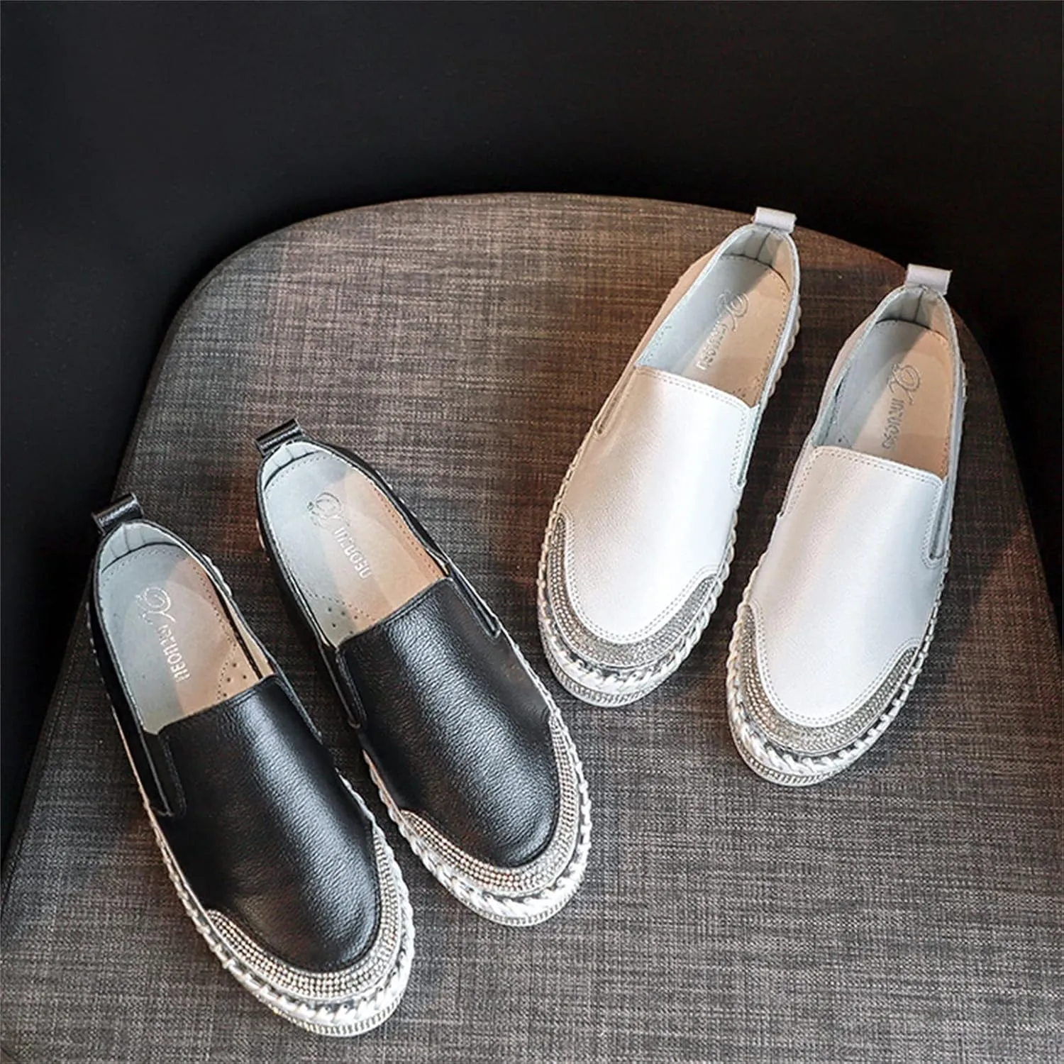 HINDOLA Women's Sparkly Fashion Sneakers Shiny Rhinestone Loafers Slip on Flatform Shoes Low Top Bling Casual Walking Shoes