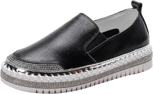 HINDOLA Women's Sparkly Fashion Sneakers Shiny Rhinestone Loafers Slip on Flatform Shoes Low Top Bling Casual Walking Shoes