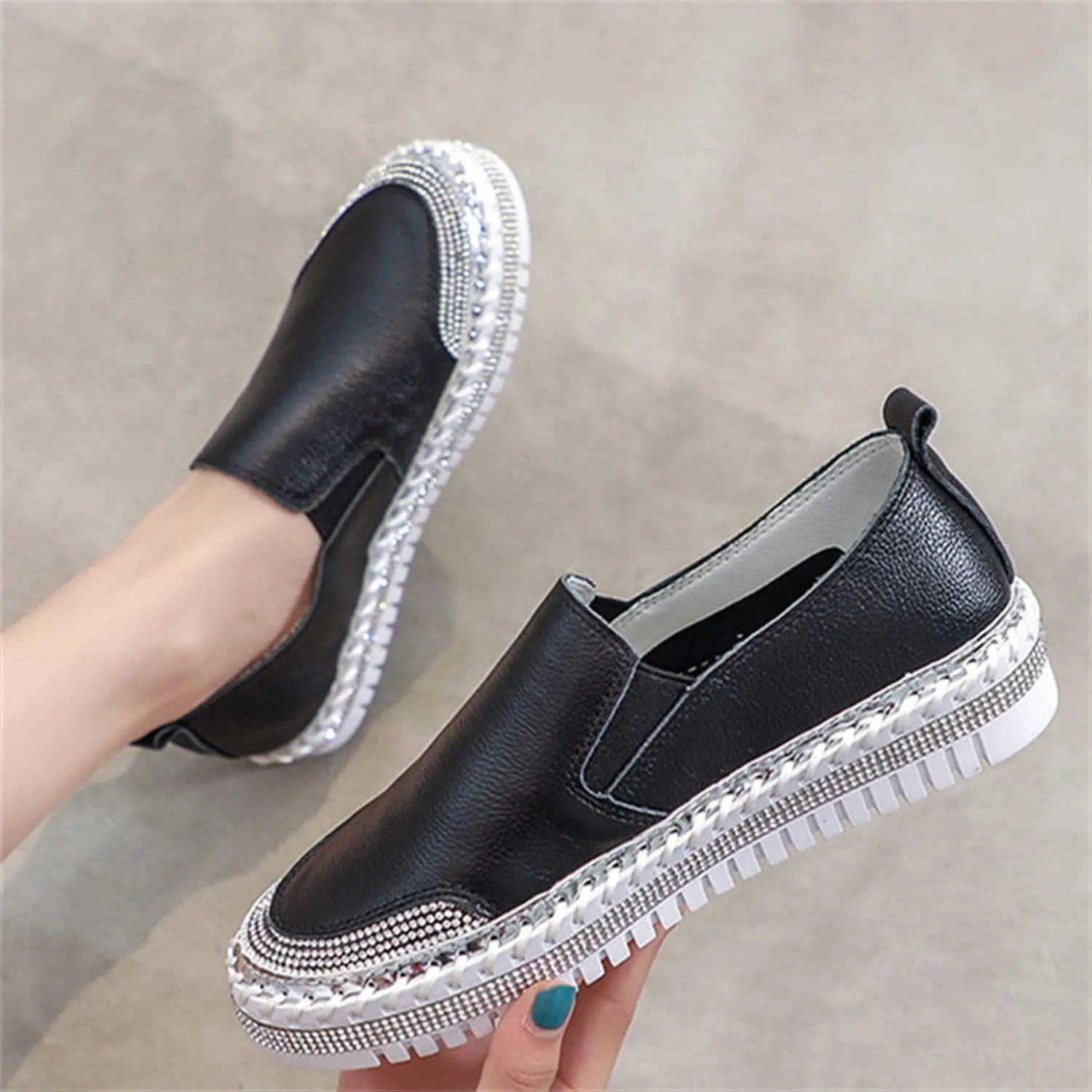 HINDOLA Women's Sparkly Fashion Sneakers Shiny Rhinestone Loafers Slip on Flatform Shoes Low Top Bling Casual Walking Shoes