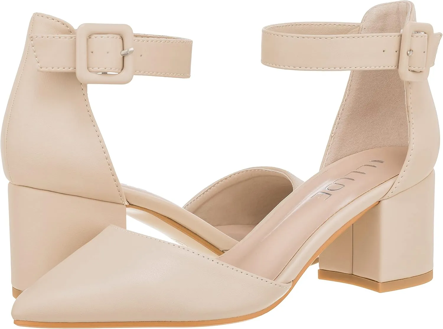 ILLUDE Womens Heels Pointy Closed Toe Pump Ankle Strap Chunky Low Block Heels