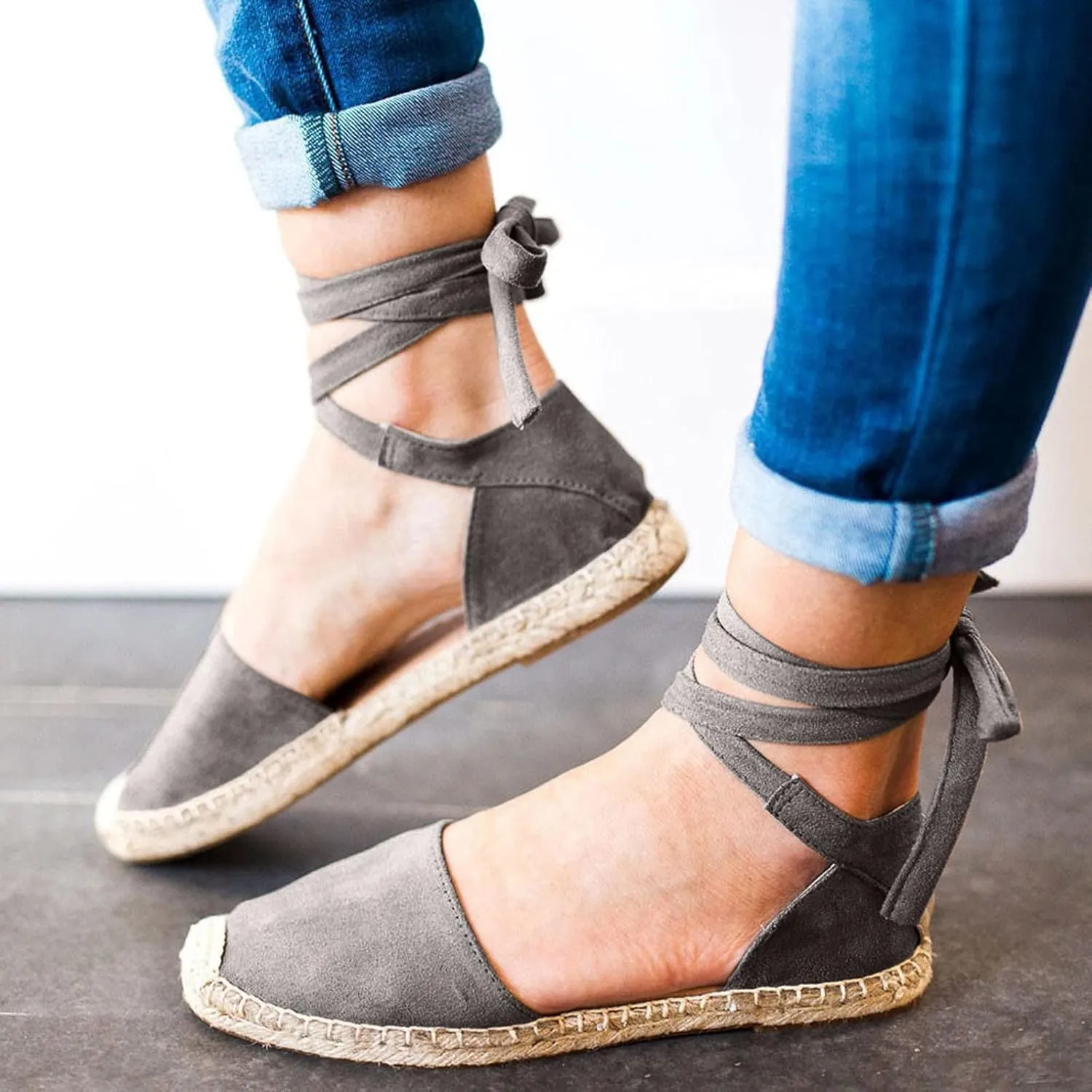 Ladies Flat Sandals Linen Vintage Cover Heel Falt Espadrille Straw Solid Closed toe Covered toe Beach Sandals