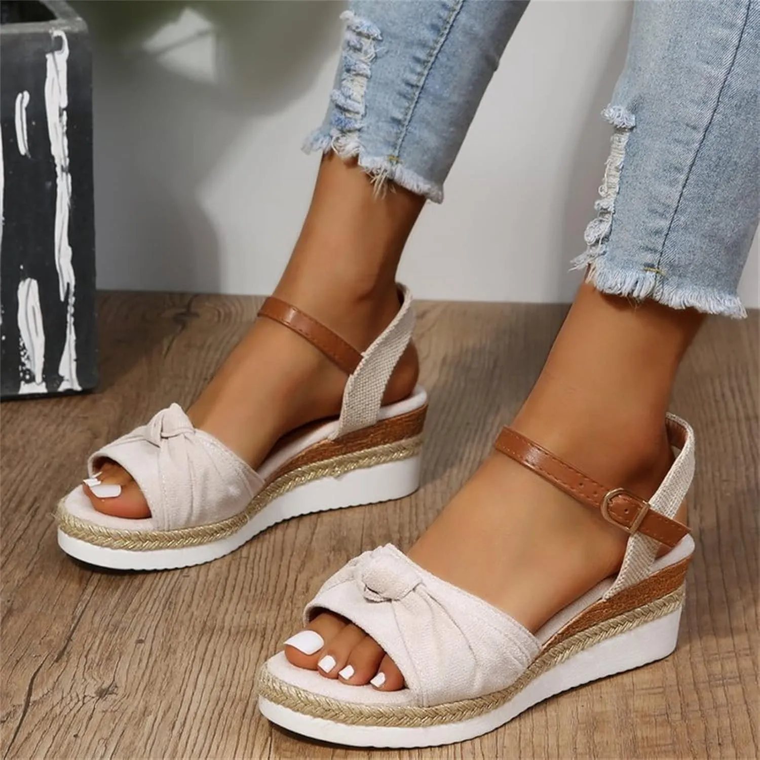 Ladmiple Platform Sandals Women Slip On Wedge Sandals Summer Dressy Open Toe Ankle Strap Casual Strappy Beach Dress Shoe