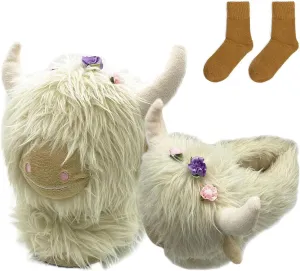 LELEBEAR Highland Cow Slippers, Plush Animal Slippers, Home Indoor Soft Anti-Slip Cute Slippers for Women and Men