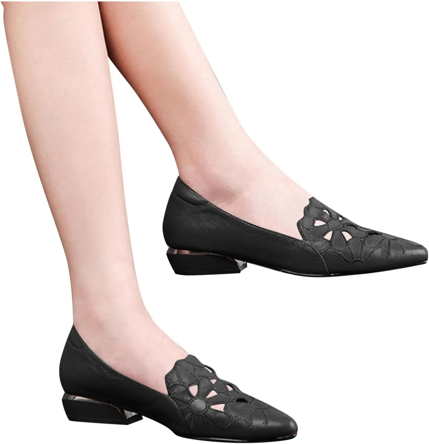 Loafers for Women Low Chunky Heels Slip On Business Casual Shoes Flower Hollow Pointed Toe Flats for Driving Dressy