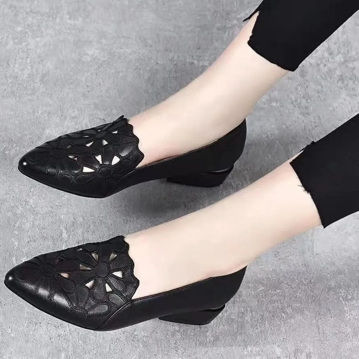 Loafers for Women Low Chunky Heels Slip On Business Casual Shoes Flower Hollow Pointed Toe Flats for Driving Dressy