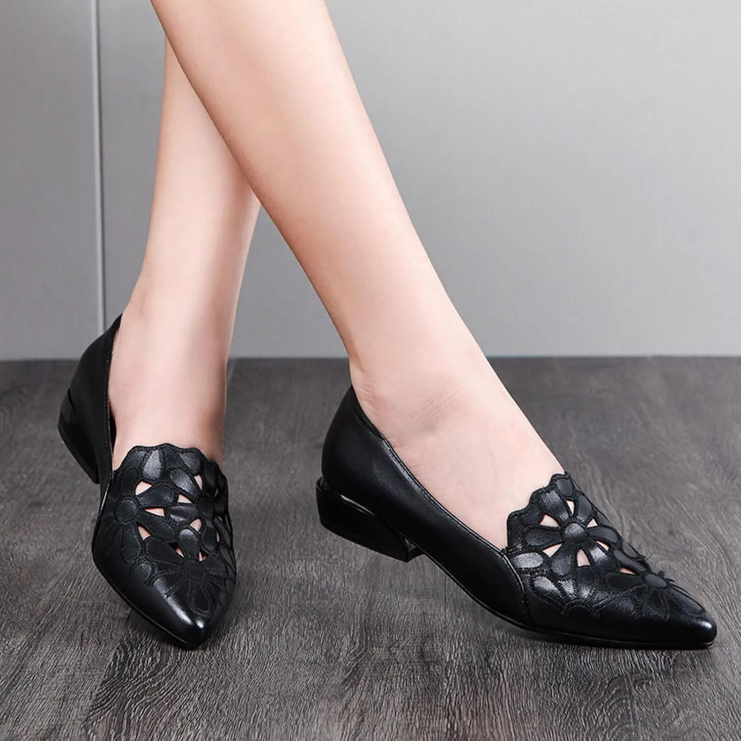 Loafers for Women Low Chunky Heels Slip On Business Casual Shoes Flower Hollow Pointed Toe Flats for Driving Dressy