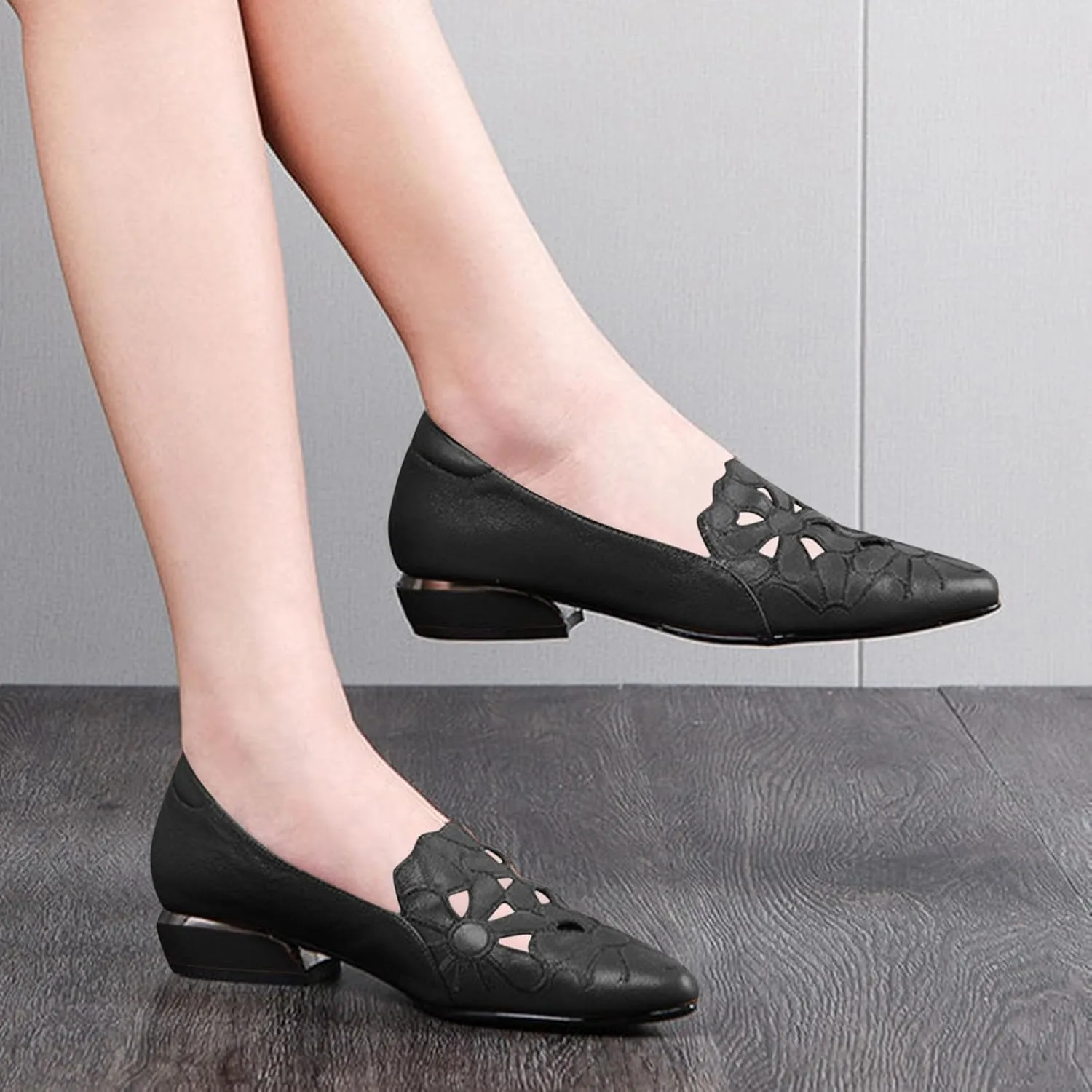 Loafers for Women Low Chunky Heels Slip On Business Casual Shoes Flower Hollow Pointed Toe Flats for Driving Dressy