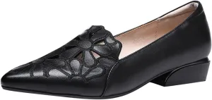 Loafers for Women Low Chunky Heels Slip On Business Casual Shoes Flower Hollow Pointed Toe Flats for Driving Dressy