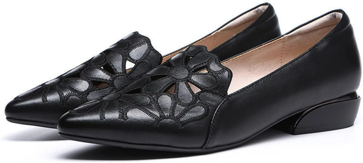 Loafers for Women Low Chunky Heels Slip On Business Casual Shoes Flower Hollow Pointed Toe Flats for Driving Dressy