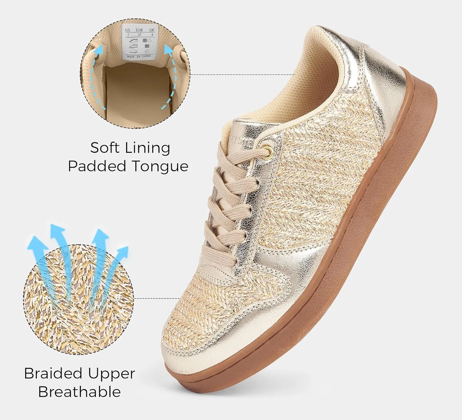 LUCKY STEP Retro Trainers Women Fashion Sneakers Braided Classic Raffia Casual Anti-Slip Tennis Woven Walking Shoes
