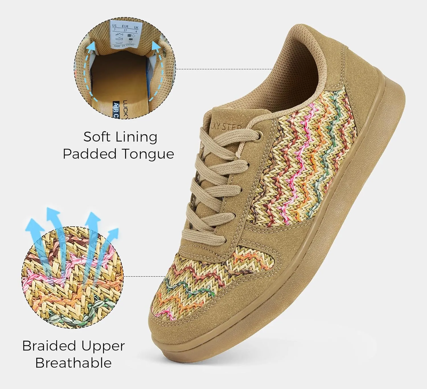 LUCKY STEP Retro Trainers Women Fashion Sneakers Braided Classic Raffia Casual Anti-Slip Tennis Woven Walking Shoes