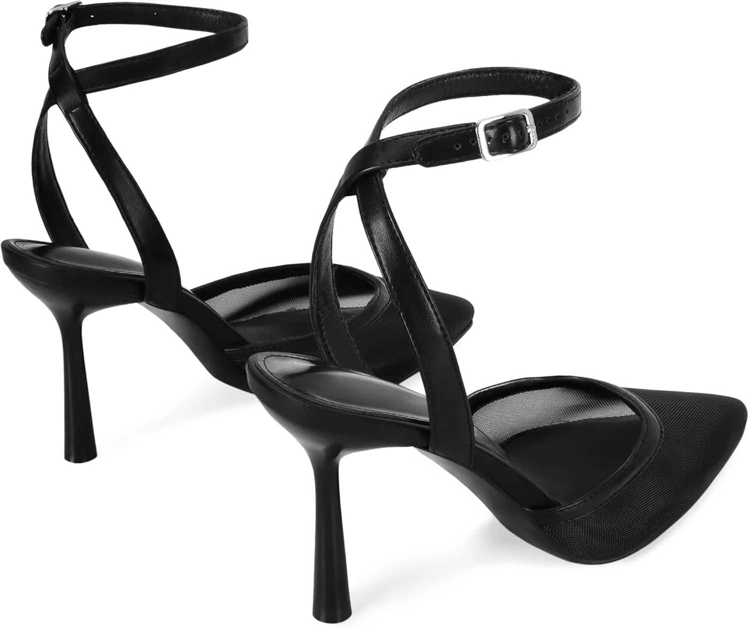 Mesh Kitten Heels for Women Closed Pointed Toe Slingback Buckle Strap Pumps Fashion Casual Dress High Heels