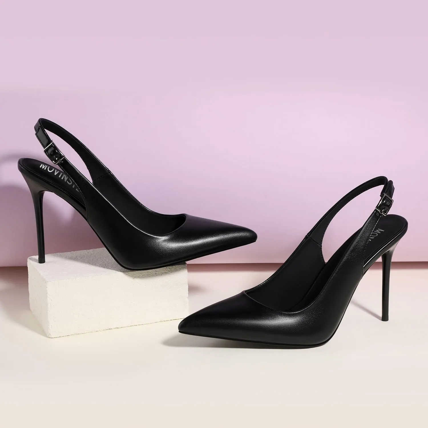 MOVINSTEPS Slingback Heels for Women Pumps Pointed Closed Toe Buckle Sexy Stiletto High Heels Prom Office Work Wedding Fashion Elegant Dressy Shoes 4 Inch
