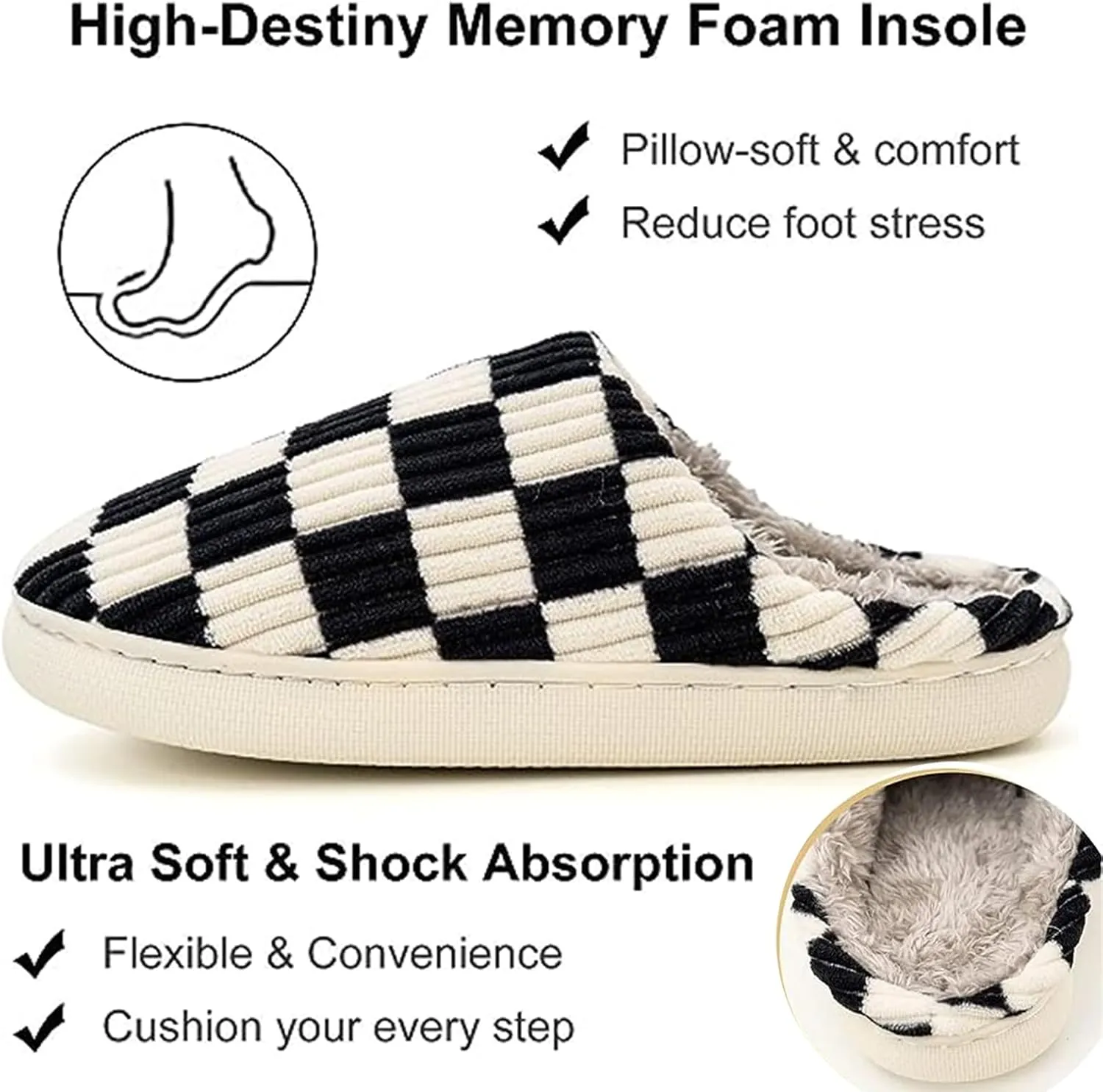 Mukinrch House Slippers for Women Men, Plush House Shoes Memory Foam Checkered Slippers Womens Casual Fuzzy Bedroom Indoor Outdoor Plaid Shoes with Fur Lining