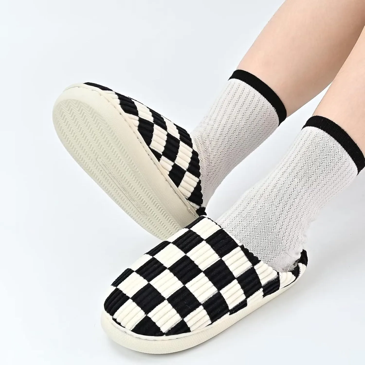 Mukinrch House Slippers for Women Men, Plush House Shoes Memory Foam Checkered Slippers Womens Casual Fuzzy Bedroom Indoor Outdoor Plaid Shoes with Fur Lining