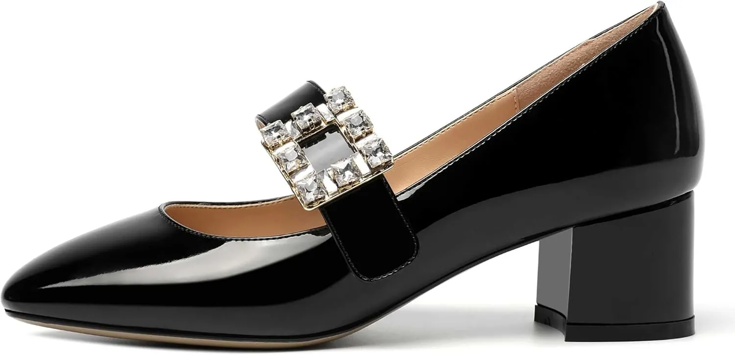 NUMALEO Womens Rhinestone Wedding Square Toe Dress Patent Ankle Strap Solid Bungee Chunky Low Heel Pumps Shoes 2 Inch