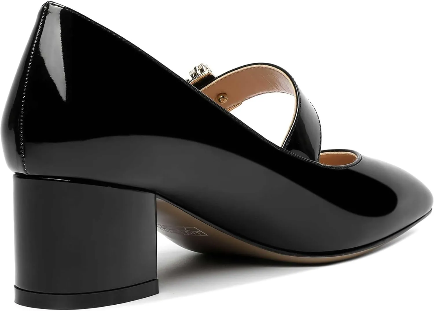 NUMALEO Womens Rhinestone Wedding Square Toe Dress Patent Ankle Strap Solid Bungee Chunky Low Heel Pumps Shoes 2 Inch