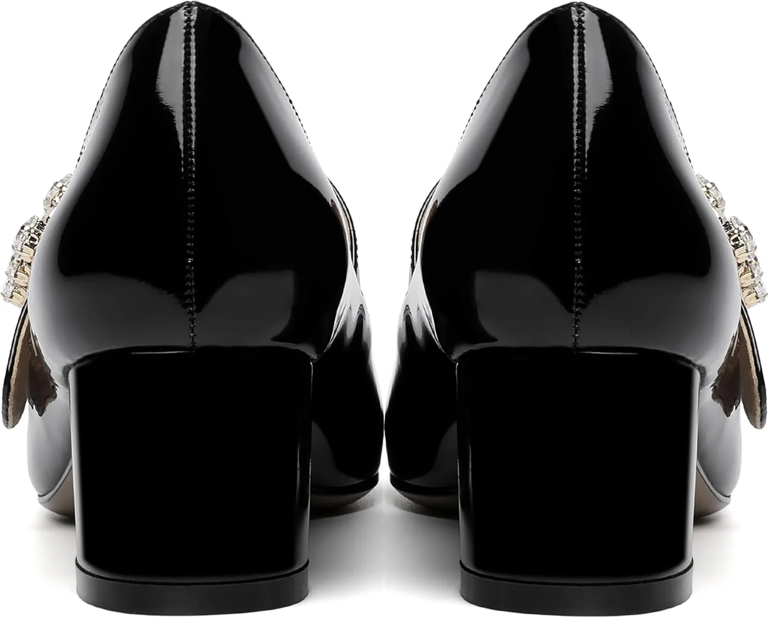 NUMALEO Womens Rhinestone Wedding Square Toe Dress Patent Ankle Strap Solid Bungee Chunky Low Heel Pumps Shoes 2 Inch