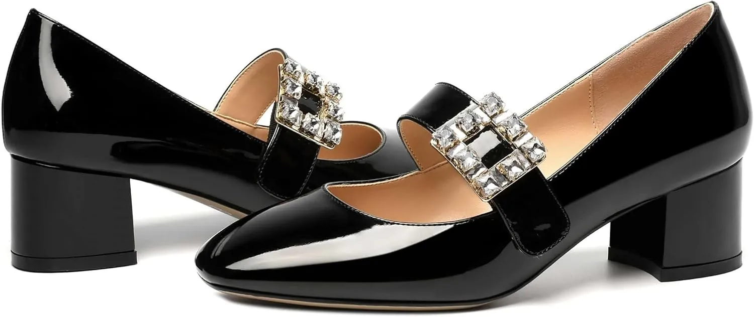NUMALEO Womens Rhinestone Wedding Square Toe Dress Patent Ankle Strap Solid Bungee Chunky Low Heel Pumps Shoes 2 Inch