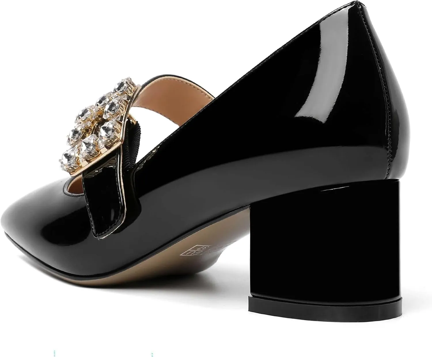 NUMALEO Womens Rhinestone Wedding Square Toe Dress Patent Ankle Strap Solid Bungee Chunky Low Heel Pumps Shoes 2 Inch