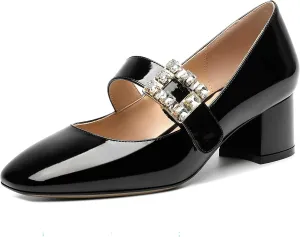 NUMALEO Womens Rhinestone Wedding Square Toe Dress Patent Ankle Strap Solid Bungee Chunky Low Heel Pumps Shoes 2 Inch