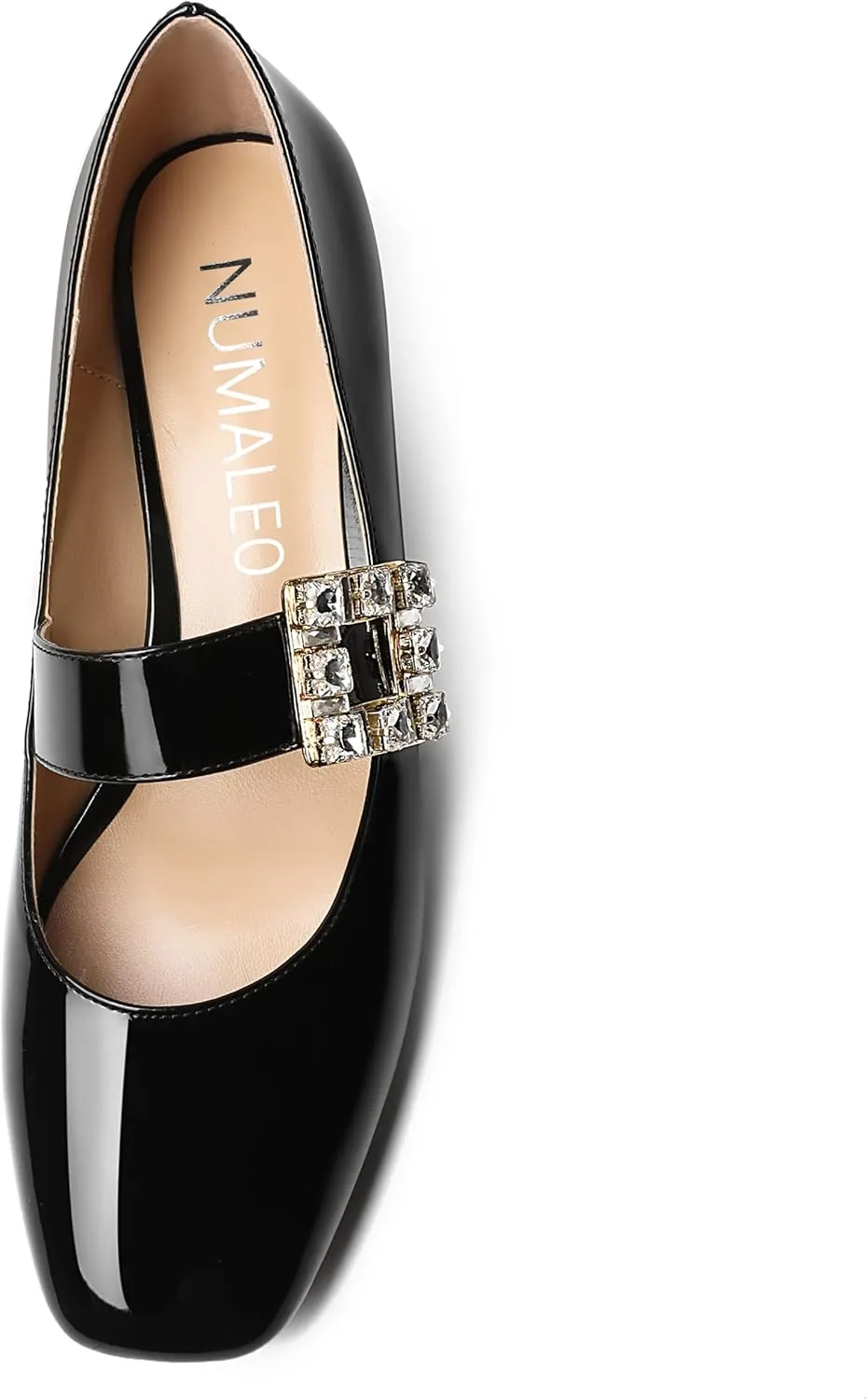 NUMALEO Womens Rhinestone Wedding Square Toe Dress Patent Ankle Strap Solid Bungee Chunky Low Heel Pumps Shoes 2 Inch