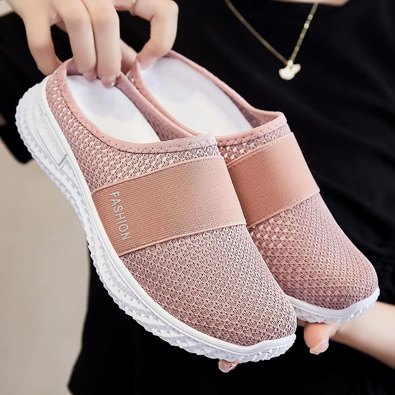Orthopedic Loafers for Women Summer Breathable Mesh Hollow Out Closed Toe Open Back Slip On Walking Shoes Casual Lightweight Soft Soles Slippers with Arch Support