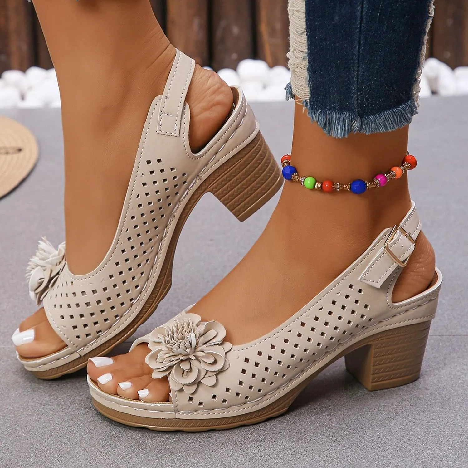Platform Sandals Women Open Toe Hollow Fashion Chunky Heel Sandals Comfort Adjustable Strap Casual Wedding Women Shoes