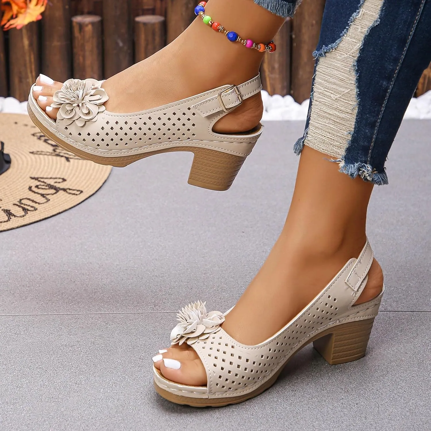 Platform Sandals Women Open Toe Hollow Fashion Chunky Heel Sandals Comfort Adjustable Strap Casual Wedding Women Shoes