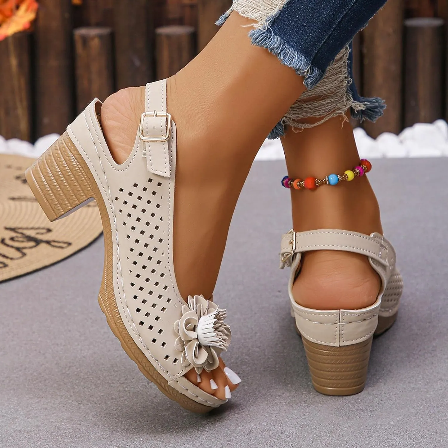 Platform Sandals Women Open Toe Hollow Fashion Chunky Heel Sandals Comfort Adjustable Strap Casual Wedding Women Shoes