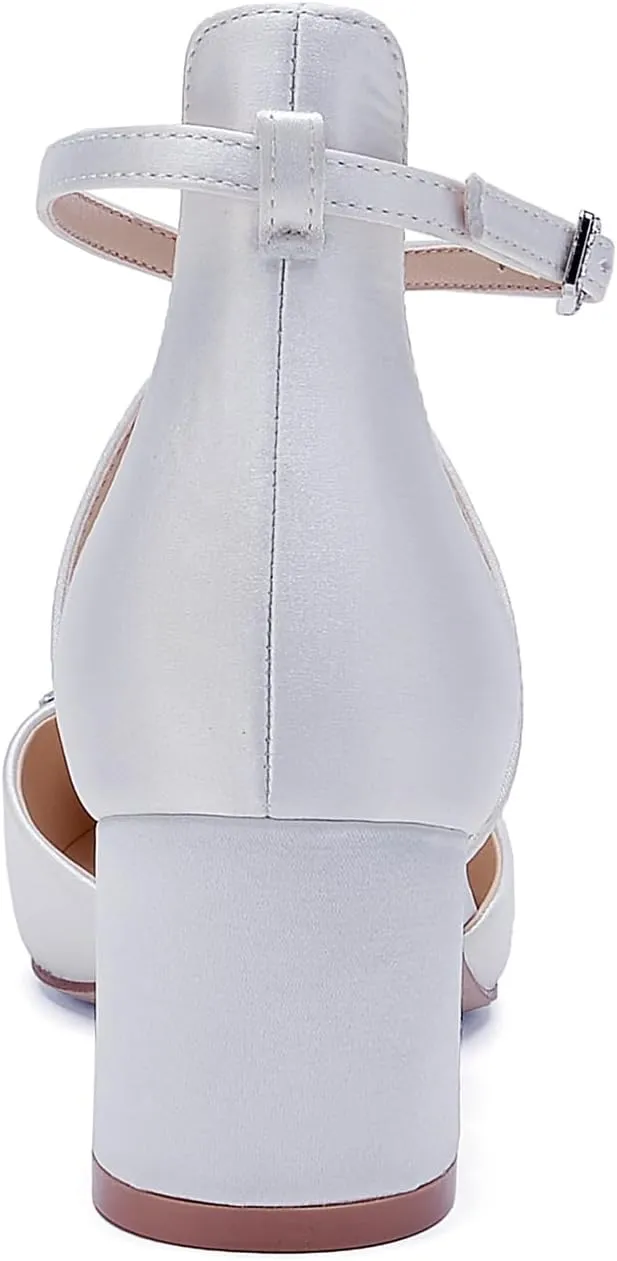 Pointed Toe Satin Wedding Shoes - White Low Heels, Rhinestones, Cross Strappy Block Heels - Comfortable Dress Shoes for Women