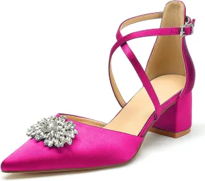 Pointed Toe Satin Wedding Shoes - White Low Heels, Rhinestones, Cross Strappy Block Heels - Comfortable Dress Shoes for Women