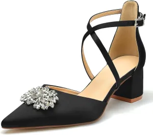 Pointed Toe Satin Wedding Shoes - White Low Heels, Rhinestones, Cross Strappy Block Heels - Comfortable Dress Shoes for Women