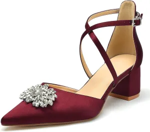 Pointed Toe Satin Wedding Shoes - White Low Heels, Rhinestones, Cross Strappy Block Heels - Comfortable Dress Shoes for Women