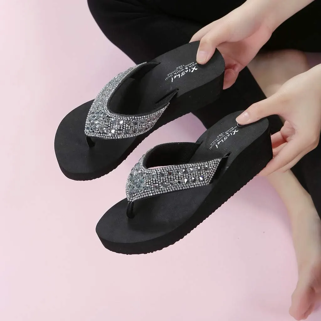 Rhinestone Flip Flops for Women Wedge Slippers Casual Beach Shoes Summer Platform Slides Wedge Sandals (Black, 7.5)