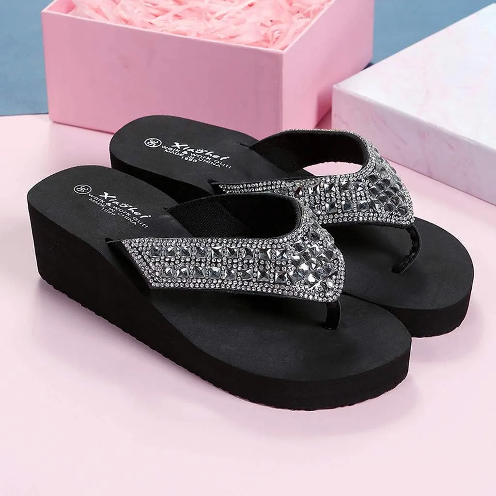 Rhinestone Flip Flops for Women Wedge Slippers Casual Beach Shoes Summer Platform Slides Wedge Sandals (Black, 7.5)