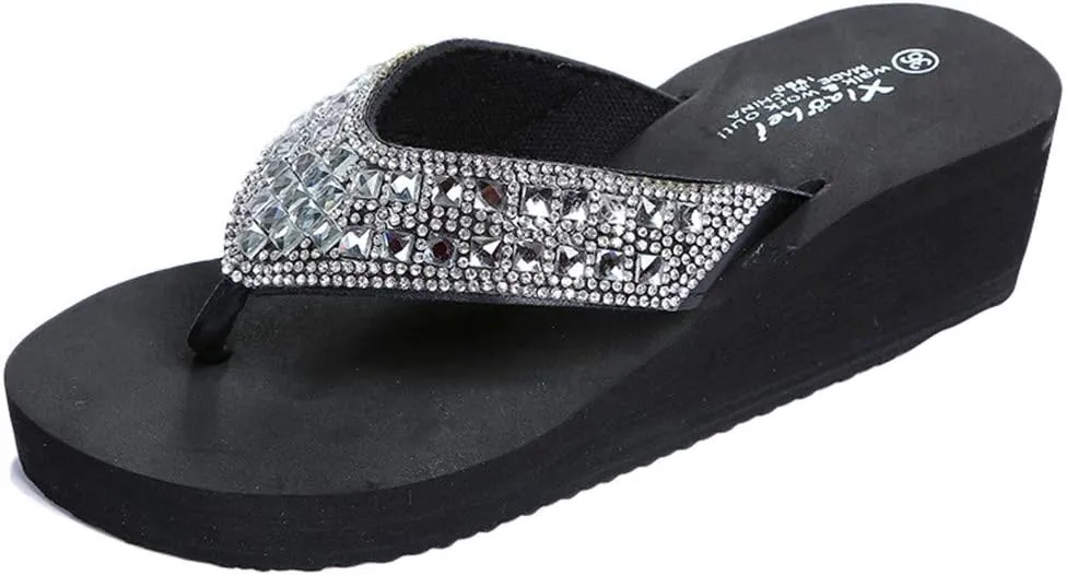 Rhinestone Flip Flops for Women Wedge Slippers Casual Beach Shoes Summer Platform Slides Wedge Sandals (Black, 7.5)